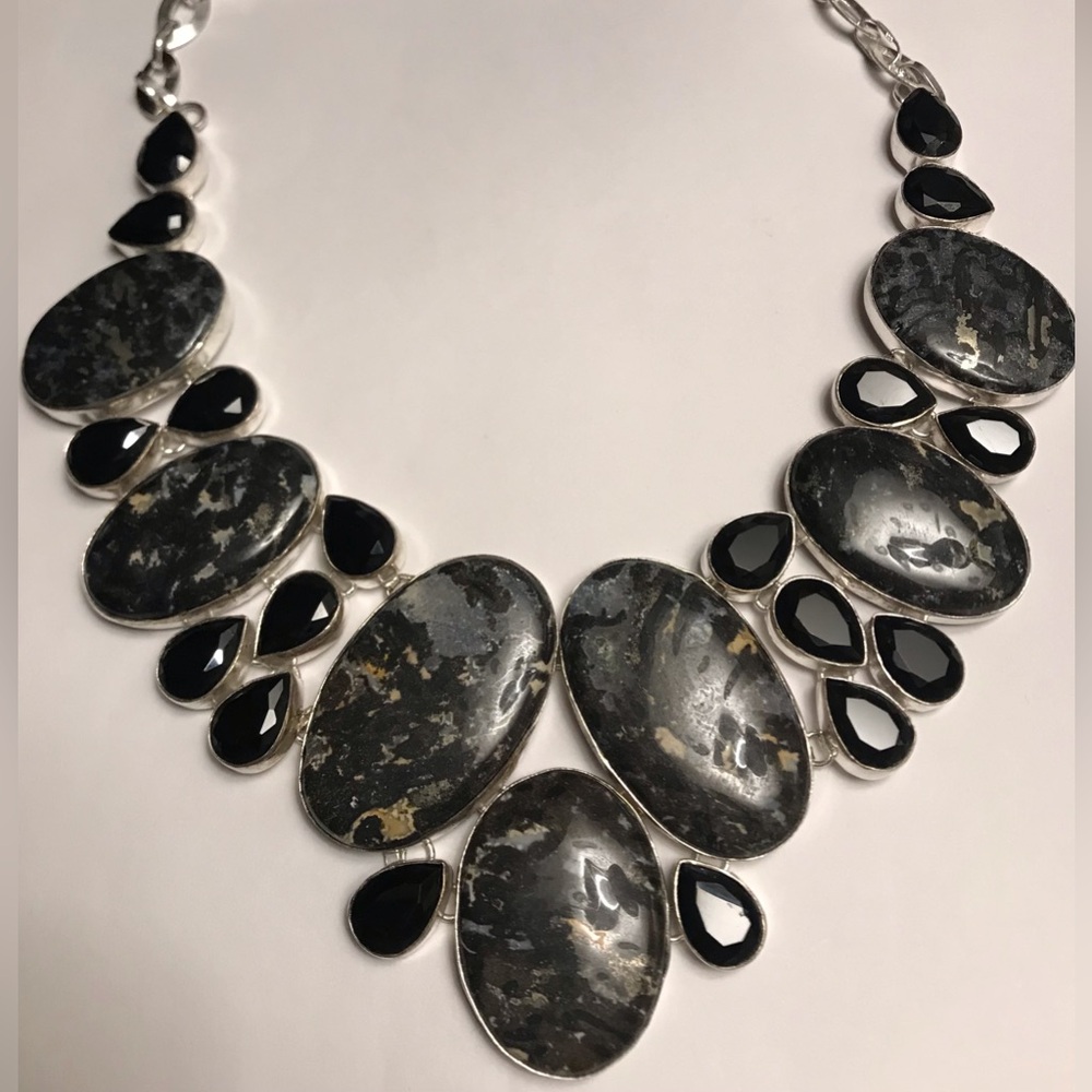 Howelite Black Onyx Stamped 925 Sterling Silver Necklace